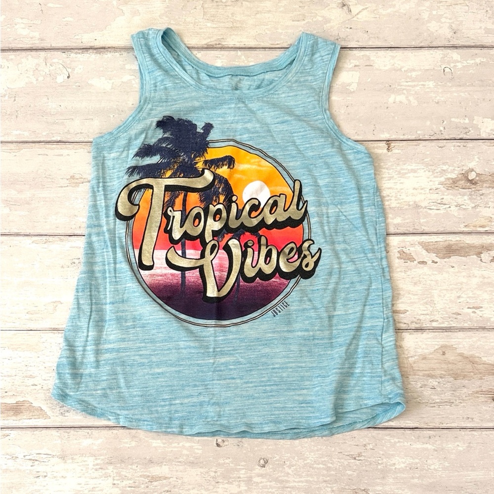 Justice Size 10 Girls Blue Palm Tree Summer Tank Top Kids Shirt